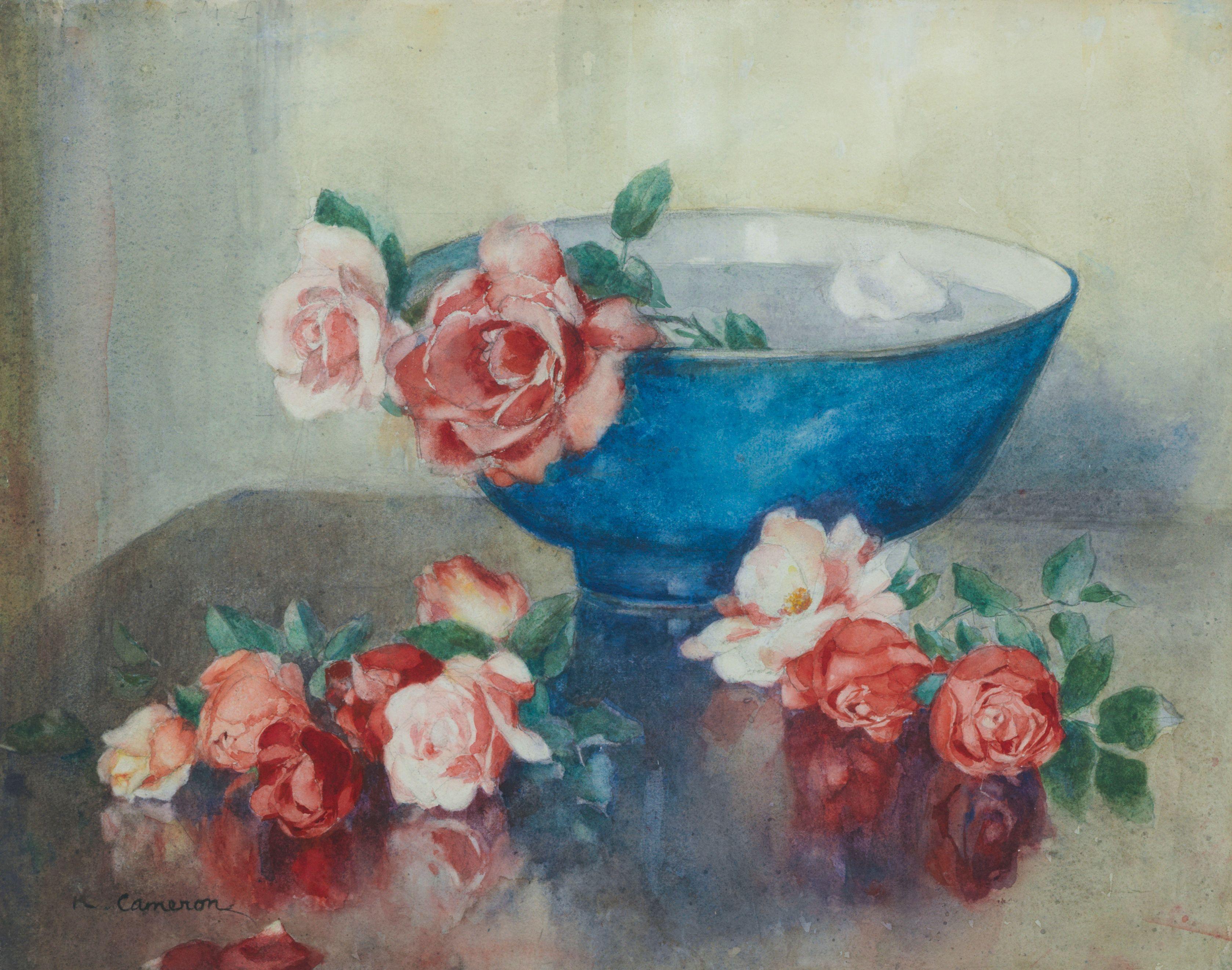 Katherine Cameron RSW RE - Roses and blue bowl