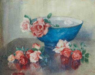 Katherine Cameron RSW RE - Roses and blue bowl