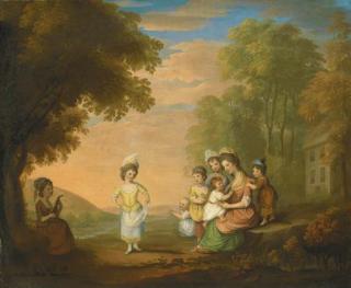 Katherine Read - A lady and her children by a cottage in a landscape