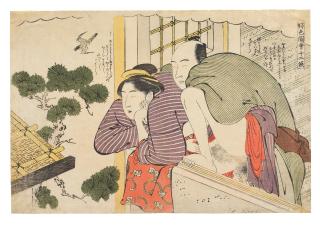 Katsukawa Shuncho - a couple making love on the ledge of an open window
