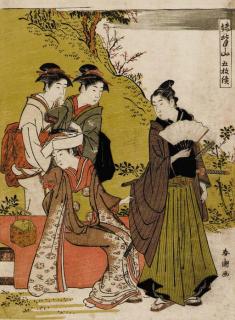 Katsukawa Shuncho - A sheet from a pentaptych illustrating a scene from the joruri play Imoseyama, signed Shuncho ga--very good impression, good color though some pigment slightly faded, slightly soiled