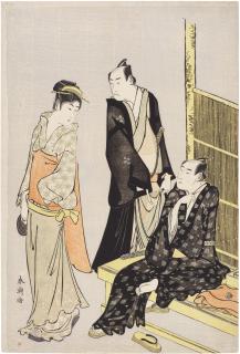 Katsukawa Shuncho - A teahouse waitress and two actors