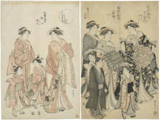 Katsukawa Shuncho - Two woodblock prints of parading courtesans