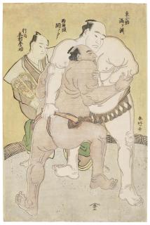 Katsukawa Shunko - Wrestlers Uzugafuchi And Sekinoto In The Ring With Referee Kimura Shonosuke