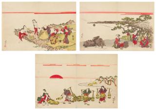 Katsukawa Shunsen - Three prints of women beside the shore