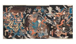 Katsukawa Shunsho II - Minamoto no Yoshinaka Shitenno to tomoni Kiso no okuyama ni Tengu o taiji su (Minamoto Yoshinaka and His Four Retainers Defeat the Tengu in the Deep Mountains of Kiso)