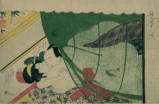 Katsukawa Shunsho - Liebespaar unter einem Moskitonetz.