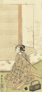 Katsukawa Shunsho - The actor Segawa Kikunojo II as an onnagata [female impersonator] seated on the floor smoking a long pipe