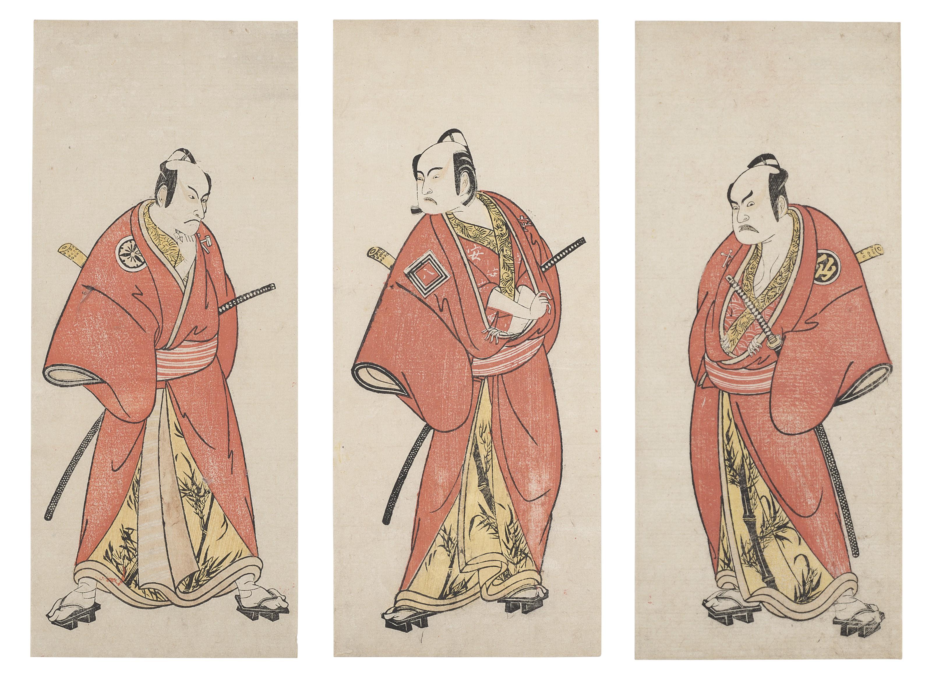 Katsukawa Shunsho - The actors Matsumoto Koshiro III as Gokuin Sen\'emon, Ichikawa Yaozo II as Yasuhira Uemon, Nakamura Sukegoro II as Kaminari Shokuro