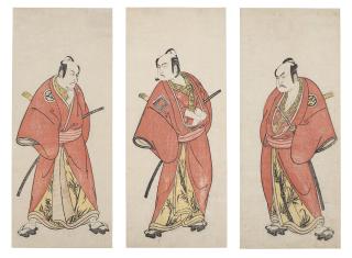 Katsukawa Shunsho - The actors Matsumoto Koshiro III as Gokuin Sen\'emon, Ichikawa Yaozo II as Yasuhira Uemon, Nakamura Sukegoro II as Kaminari Shokuro