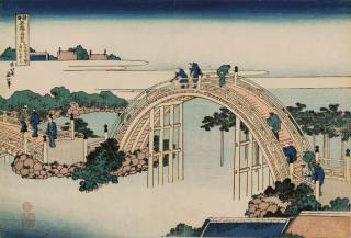 Katsushika Hokusai - Kameido tenjin taikobashi (Drum Bridge at Kameido Tenjin Shrine) from the series Shokoku meikyo kiran (Rare views of famous bridges in all the provinces)