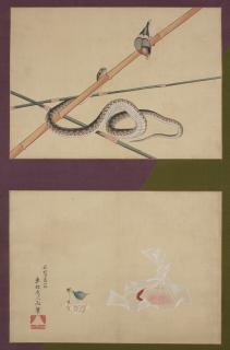 Katsushika Hokusai - Snake, bird and cherry blossoms