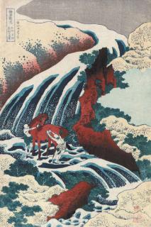 Katsushika Hokusai - Washu Yoshino, Yoshitsune umaarai no taki (Yoshitsune waterfall in Yoshino province), from the series Shokoku taki meguri (A journey to the waterfalls of all the provinces)