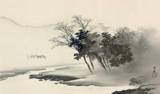 Kawai Gyokudo - A figure leading two horses in a landscape