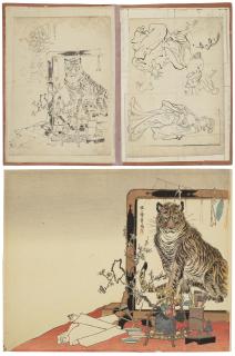 Kawanabe Kyosai - An album of preparatory drawings and a tiger surimono