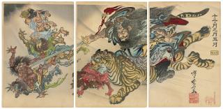 Kawanabe Kyosai - May: Shoki the Demon Queller riding a tiger, subjugating Demons