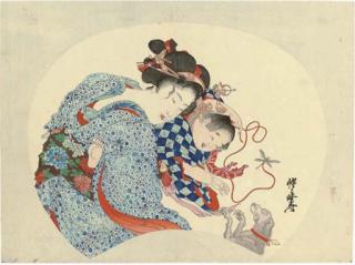 Kawanabe Kyosai - Mother And Child Playing With A Dog  Swallows And Streamer