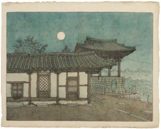 Kawase Hasui - Evening Moon Over Temple