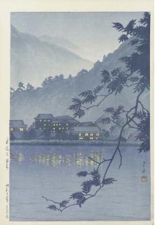 Kawase Hasui - Four landscapes: Shogetsuin Temple in Ito (1933); Kaiganji Beach in the Sanuki District (1934); Yumoto Hotsprings in Nikko (1937); and Spring at the Botandai Fuheki Tower (1939)