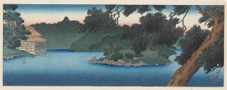 Kawase Hasui - Matsu no chihan no Ryotei (Ryotei villa by the pine-tree pond), from the series Mitsubishi Fukagawa bettei no zu (The villa of the [Iwasaki family, the owner of the] Mitsubishi [company], Fukagawa)