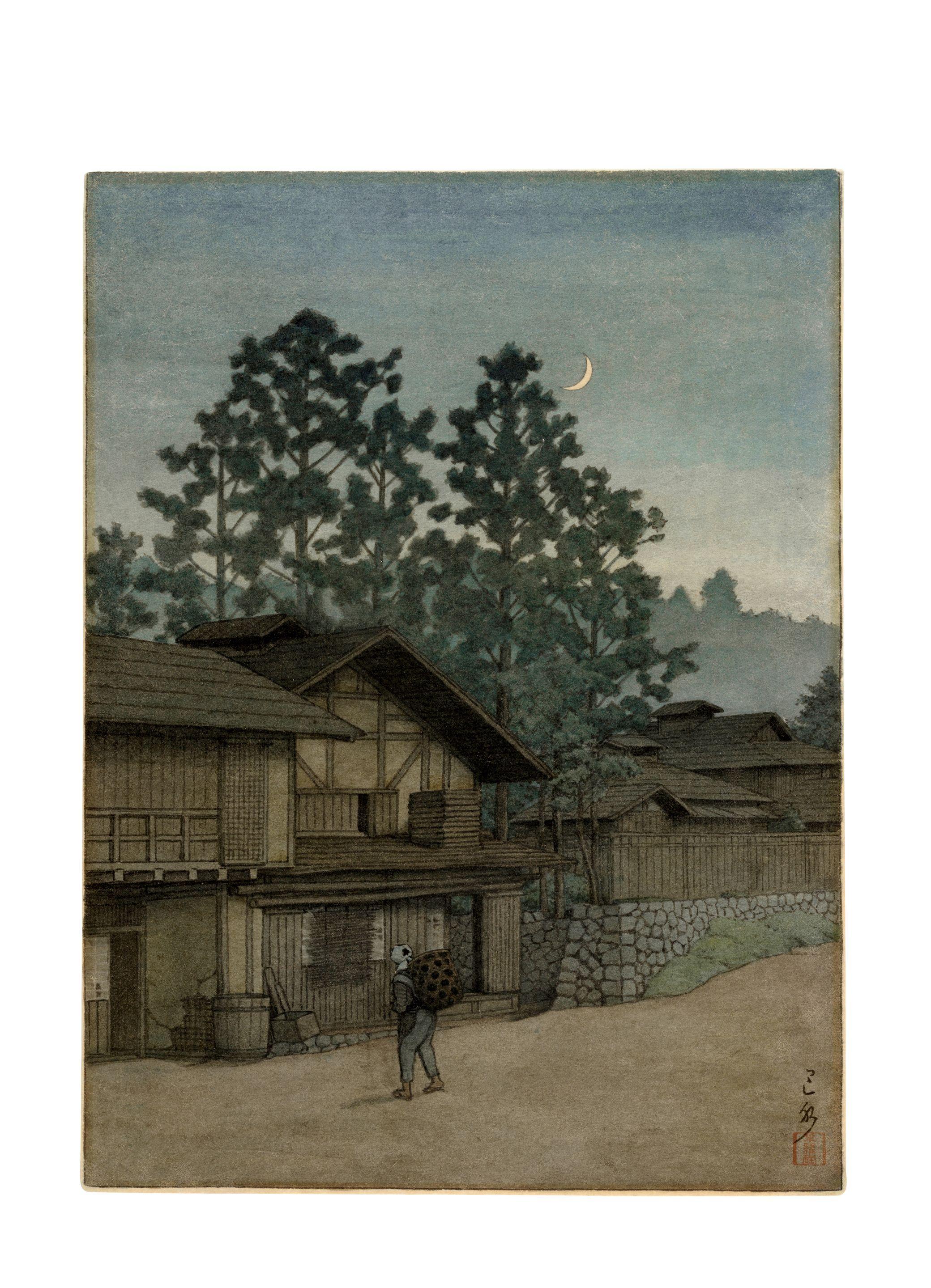 Kawase Hasui - Shimomura village under a crescent moon