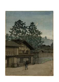 Kawase Hasui - Shimomura village under a crescent moon