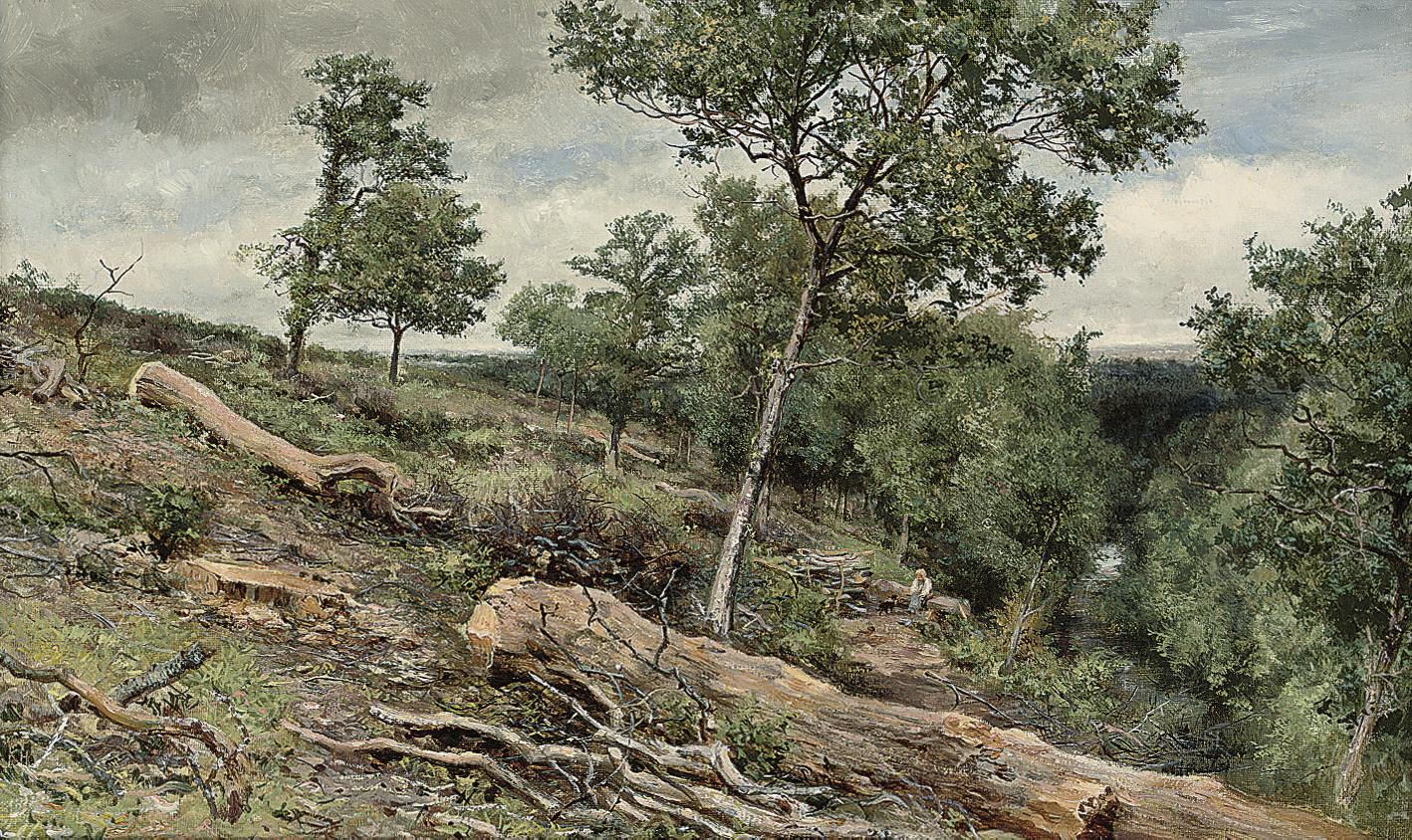 Keeley Halswelle - A figure resting in a wooded river valley in Gretna