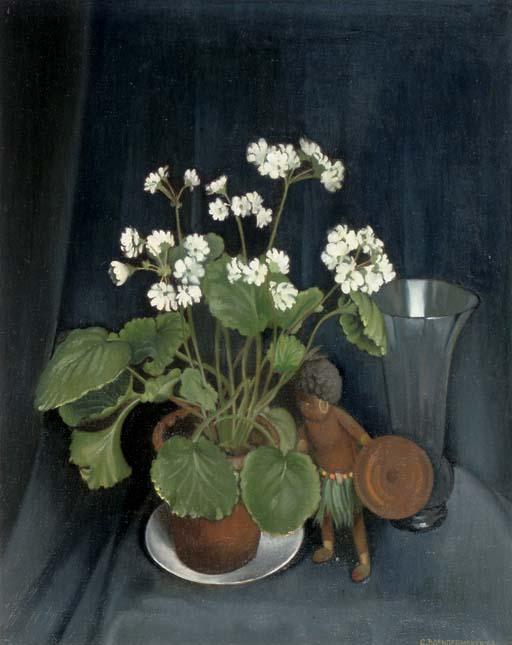 Kees Boendermaker - A still life with a plant, a black puppet and a vase