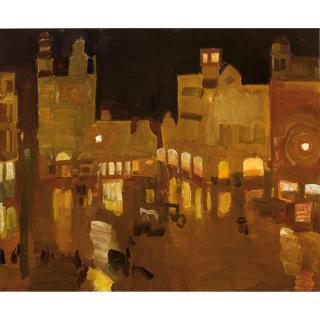 Kees Maks - Neth Rembrandtplein Bij Avond (Hoek Amstelstraat)