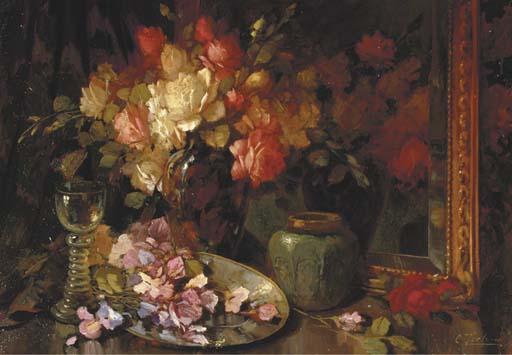 Kees Terlouw - A still life with roses, a ginger jar and a glass
