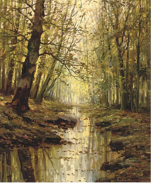 Kees Terlouw - A sunlit stream running through an autumnal forest