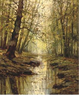 Kees Terlouw - A sunlit stream running through an autumnal forest