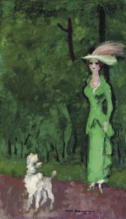 Kees van Dongen - Elégante en vert, à l\'aigrette et son caniche