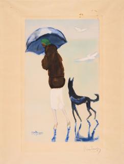 Kees Van Dongen - Spaziergängerin mit Hund am Meer.