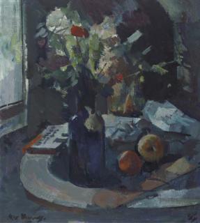 Kees Verwey - A still life with flowers in a blue glass vase