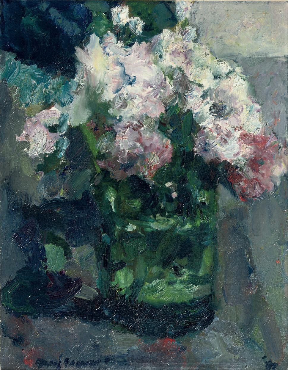 Kees Verwey - A still life with flowers in a green glass vase