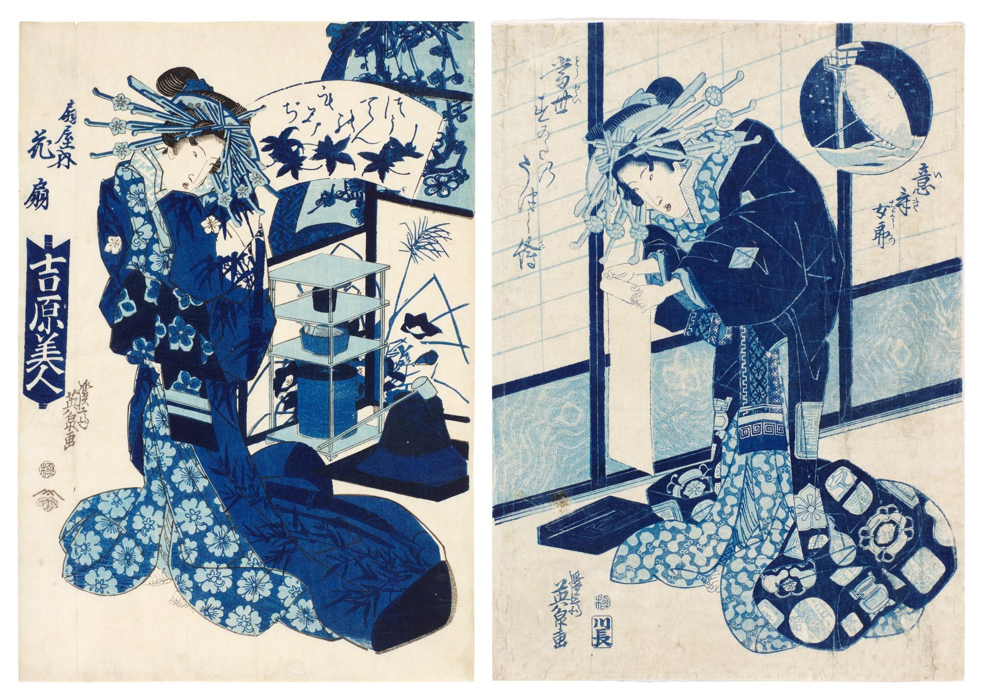 Keisai Eisen - Two aizuri-e woodblock prints