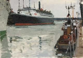 Ken Howard, R.A. - The Queen Elizabeth the Second with Tugs