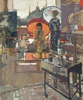 Ken Howard, R.A. - Winter Sunlight, The Red Parasol