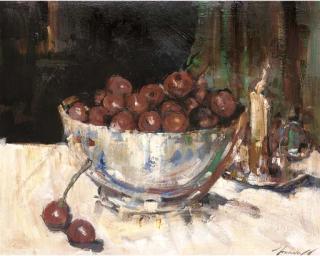 Ken Moroney - A Bowl of Cherries With A Candle To The Side, On A Table