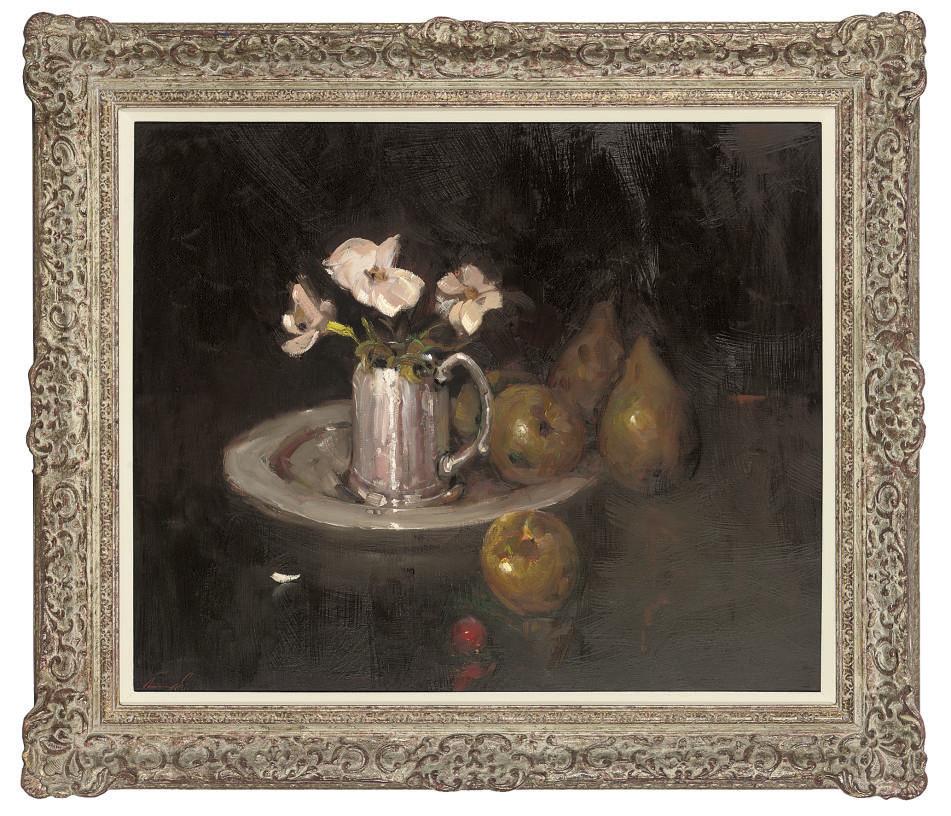 Ken Moroney - Flowers in a silver pitcher, with apples and pears to the side