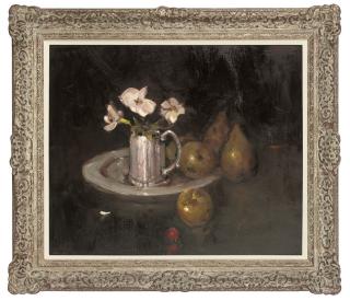 Ken Moroney - Flowers in a silver pitcher, with apples and pears to the side