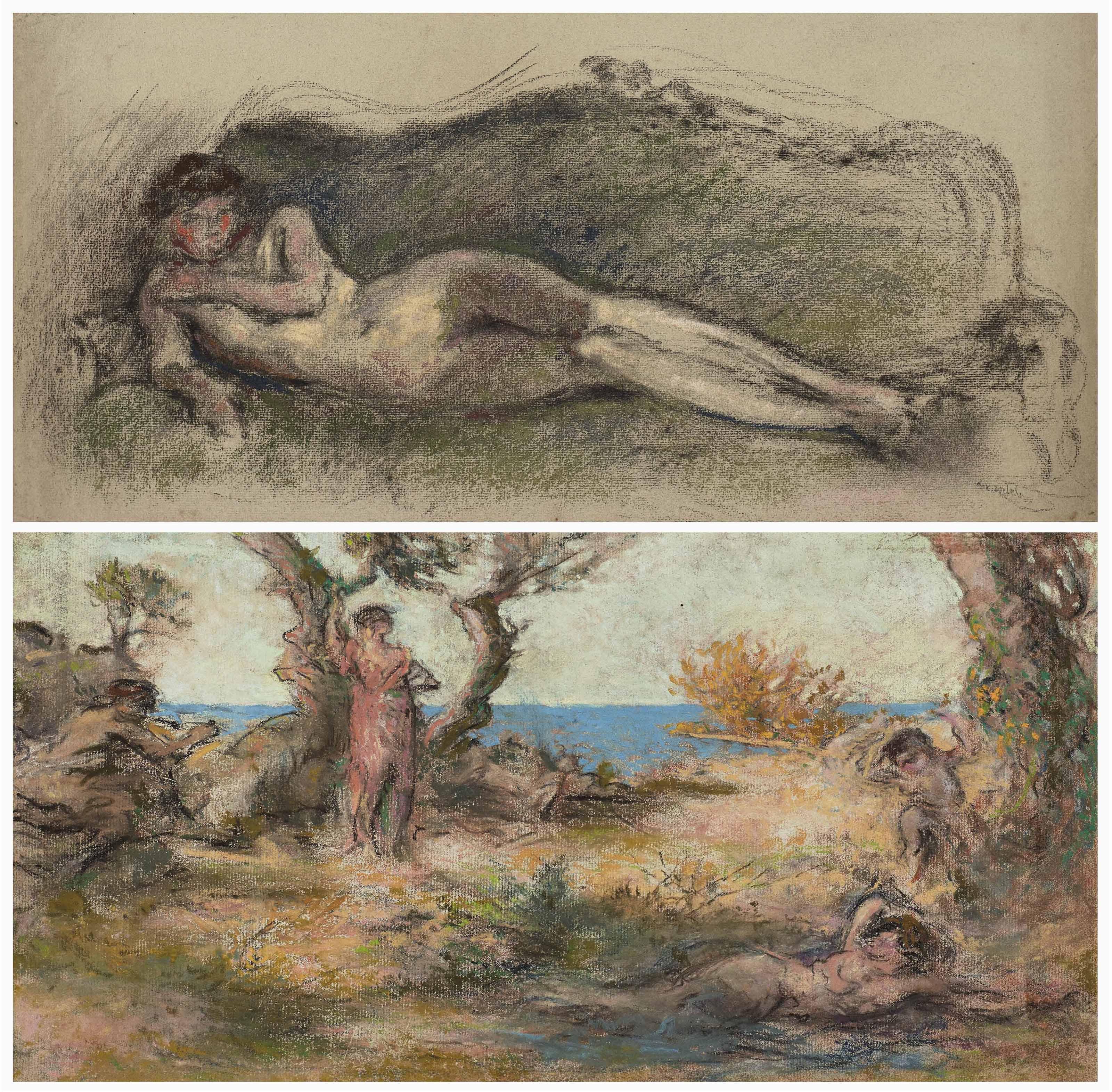 Ker Xavier Roussel - Femme nue allongée sur un canapé ; Le vieux Chiron ; Personnages sur la plage des Graniers à Saint Tropez