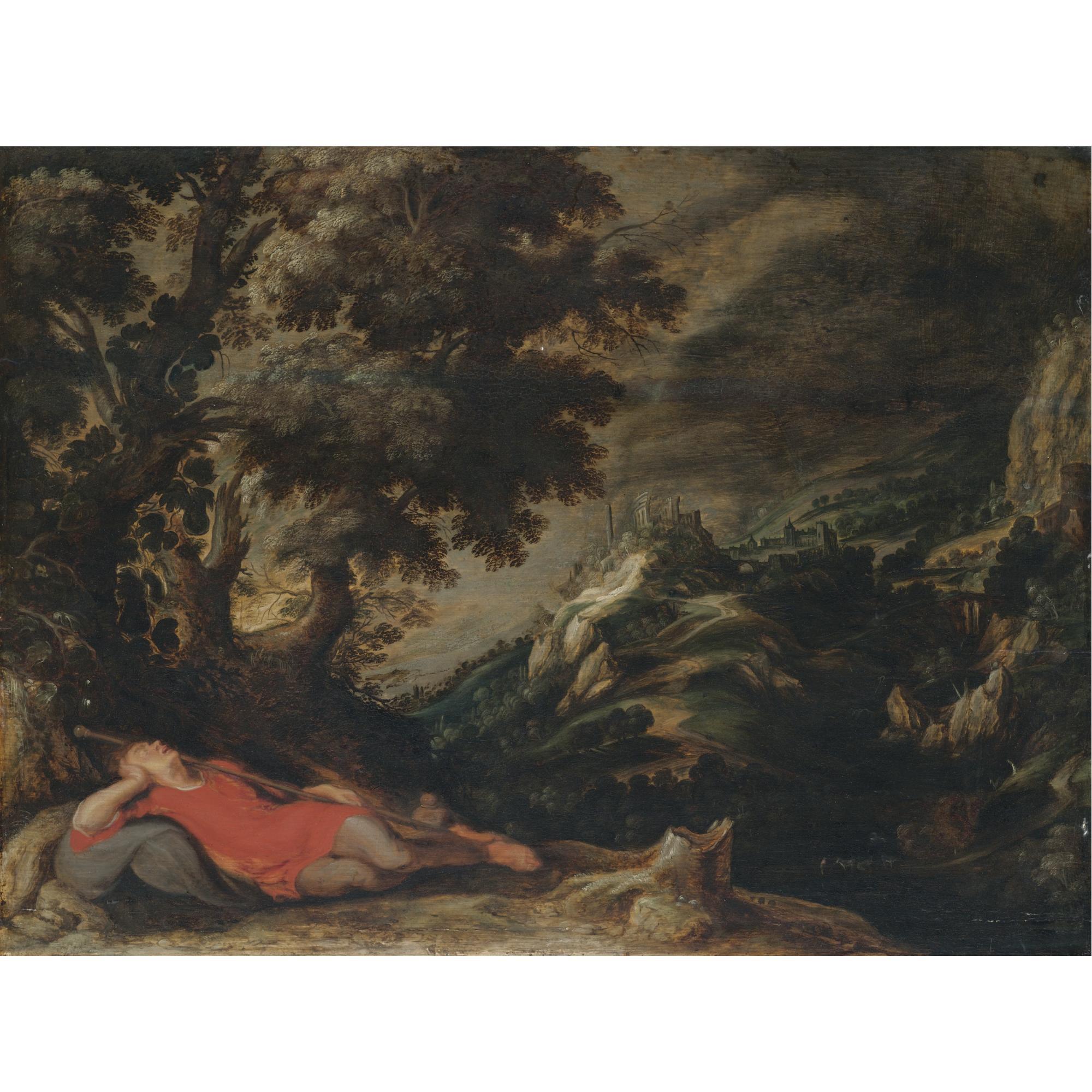 Kerstiaen de Keuninck the Elder - A Hillly Landscape With A Figure Resting In The Foreground, Possibly Jacob\'S Dream