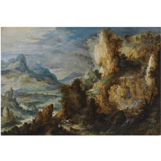 Kerstiaen De Keuninck The Elder - A Panoramic Mountainous Landscape, With Two Shepherds And Their Cattle Resting Along A Path In The Foreground