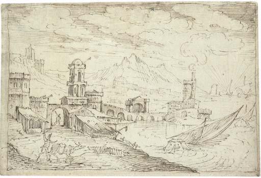Kerstiaen de Keuninck - A coastal town with ships setting sail