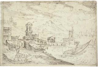 Kerstiaen de Keuninck - A coastal town with ships setting sail