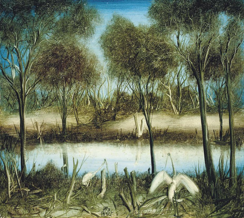 Kevin Charles Pro Hart - Ibis by a dam