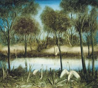 Kevin Charles Pro Hart - Ibis by a dam