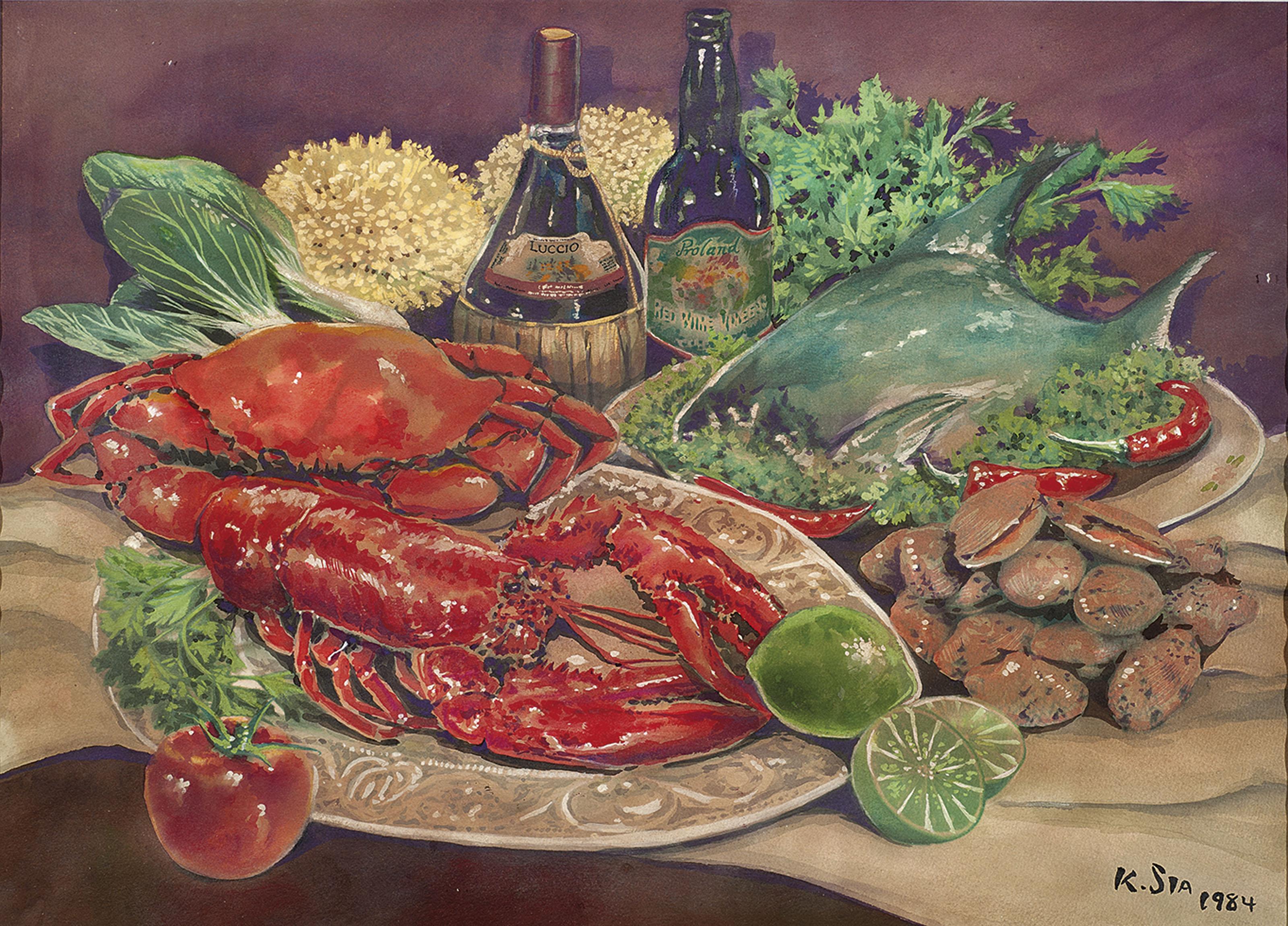 Khaw Sia - Still Life with Fish, Crab, Lobster and Wine